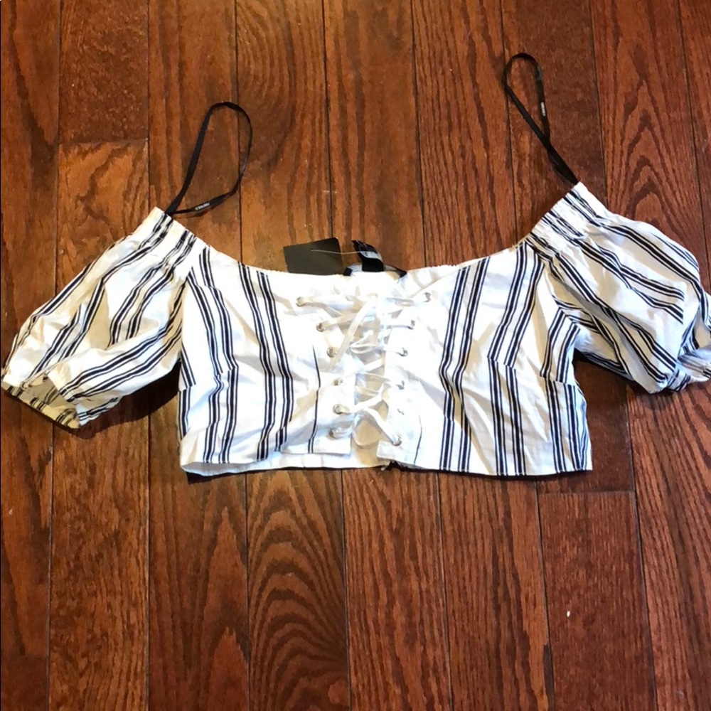Navy white stripes crop lace up top small NWT